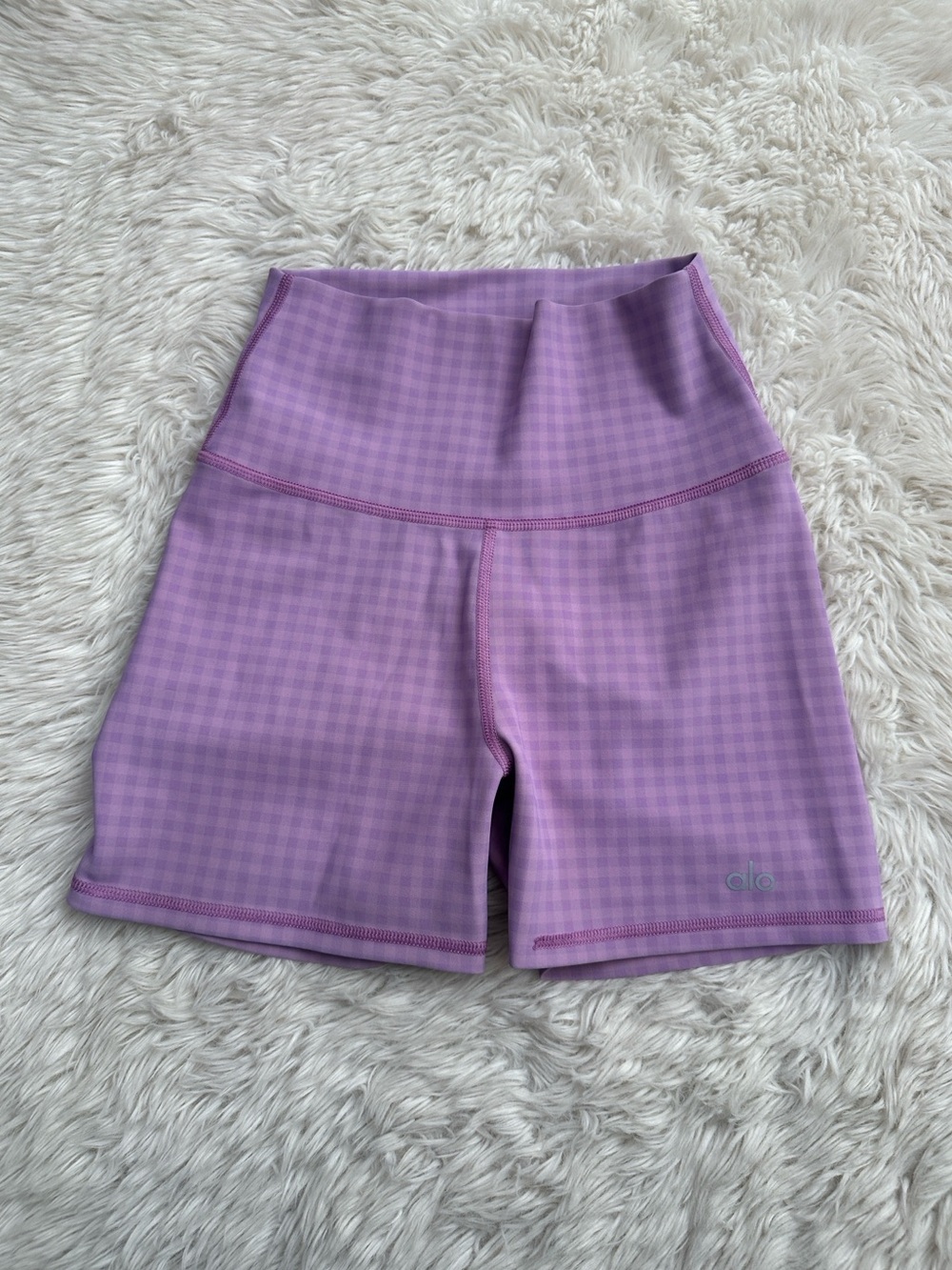 ALO Yoga Lavender Gingham High-Waist Bike Shorts